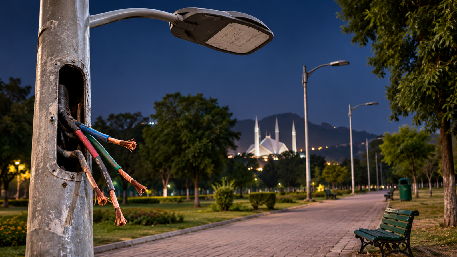Streetlight poles at F-9 Park in Islamabad after thieves stole electric wires worth around Rs1 million.