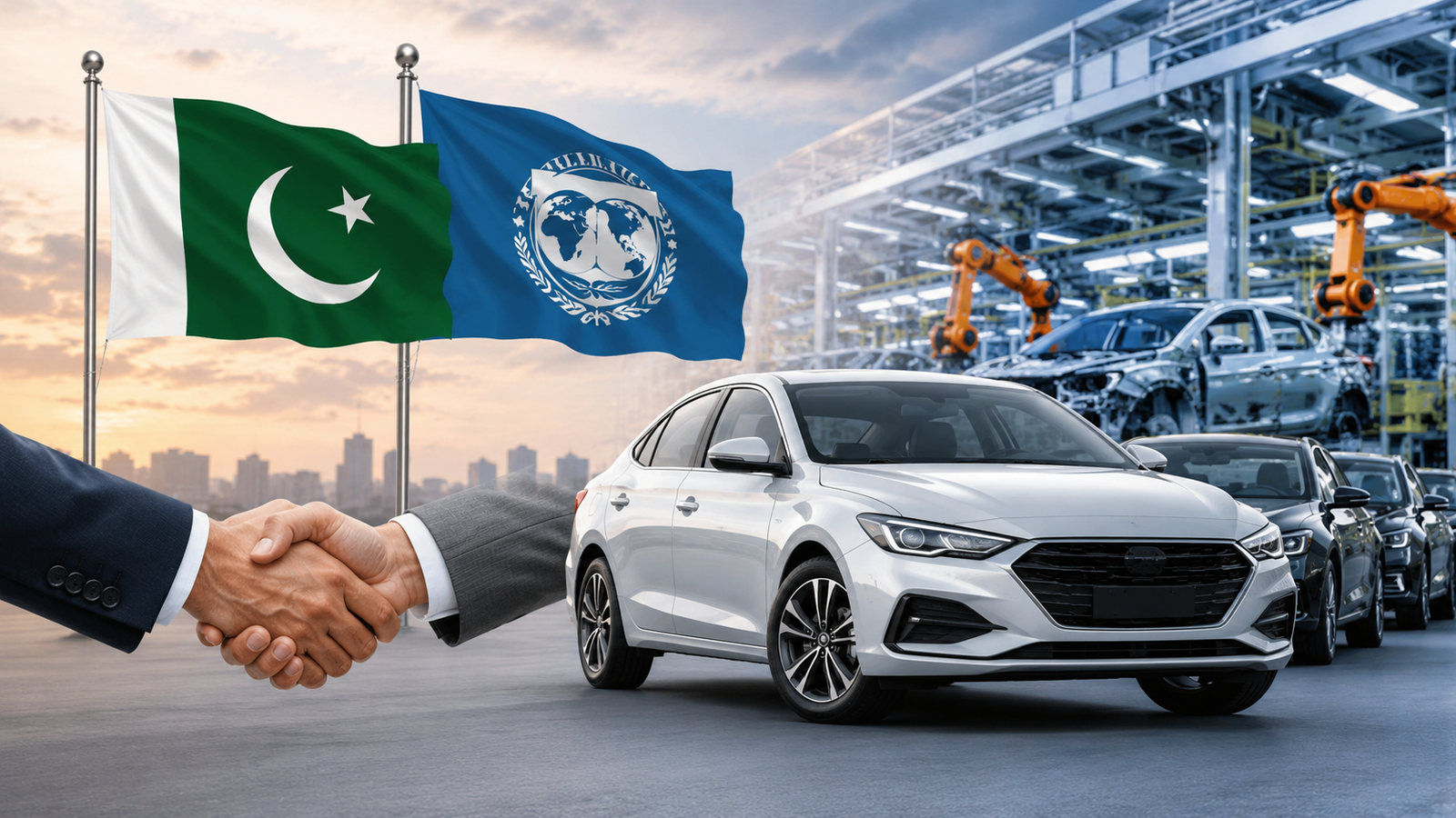 Pakistan auto policy extension after IMF talks fail with cars at an automobile manufacturing plant.