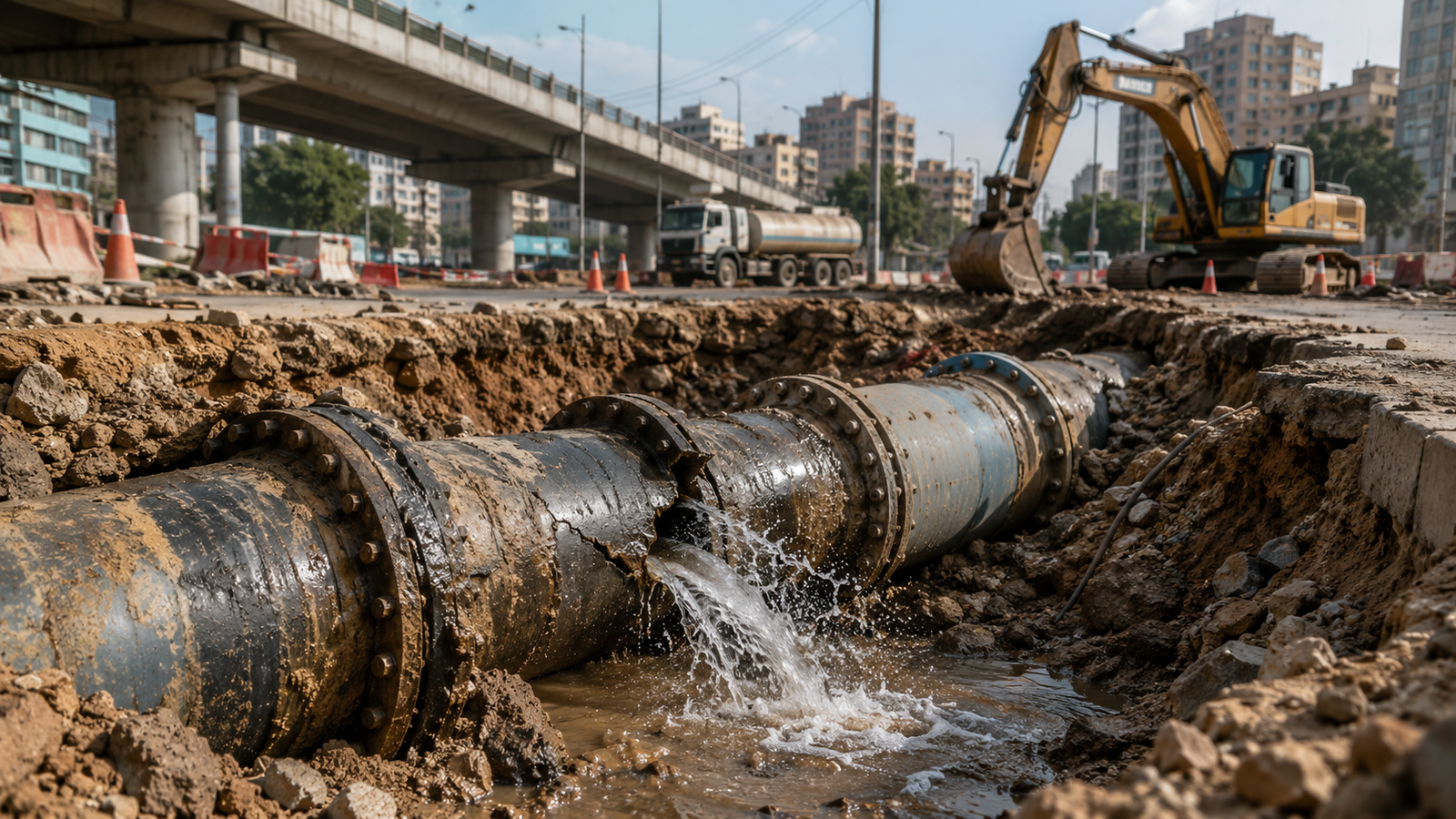Damaged 33-inch water pipeline near Nipa Chowrangi causing water shortages in Karachi