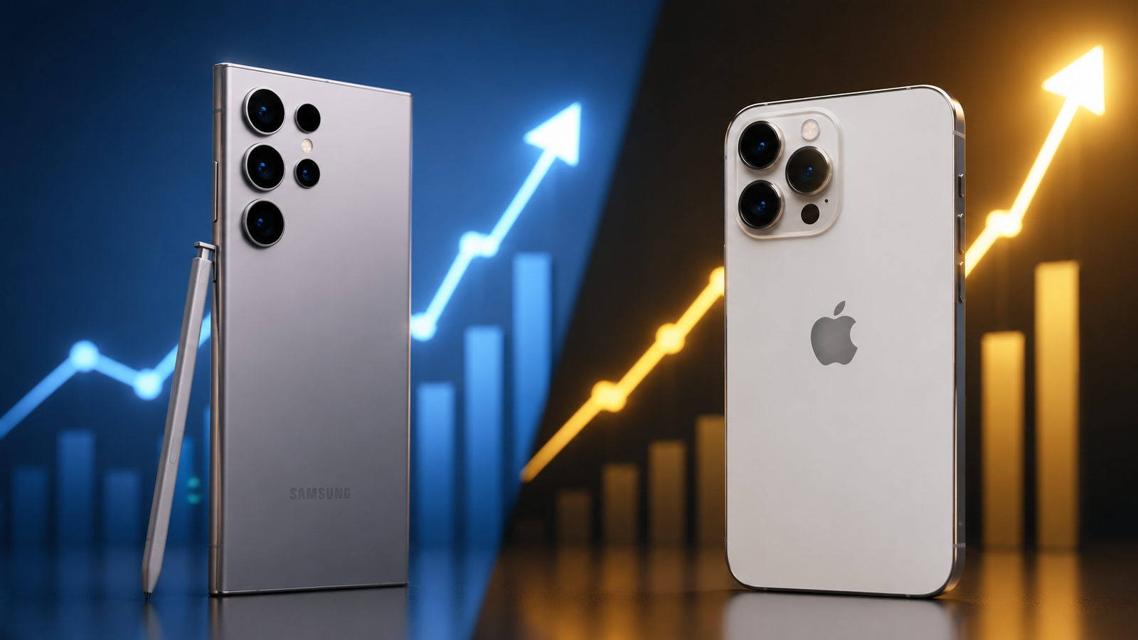 Samsung Galaxy and Apple iPhone smartphones with an upward market growth chart representing strong performance despite the global smartphone market slowdown.