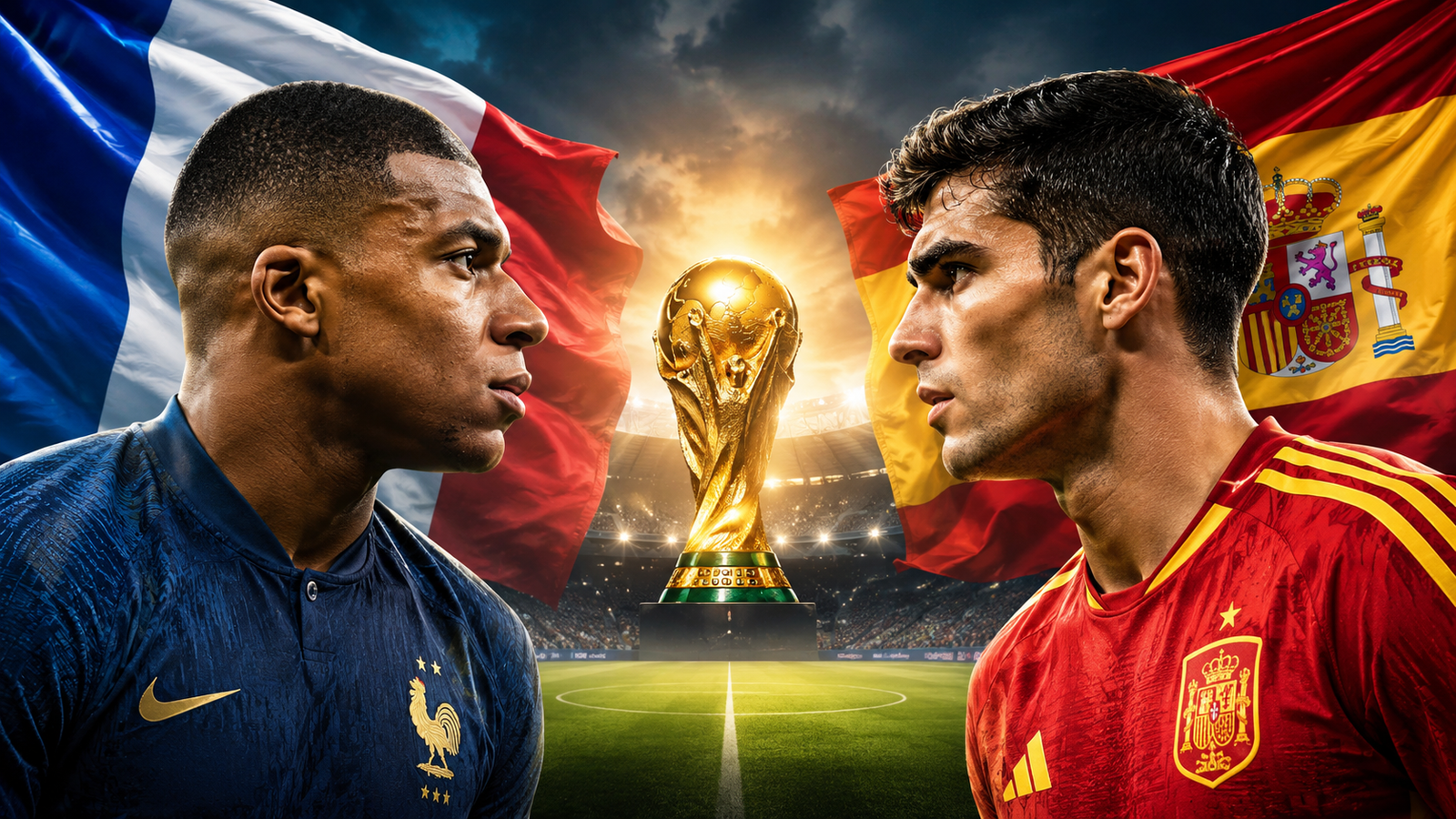France and Spain players facing off before the FIFA World Cup 2026 semifinal.